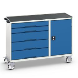Montagewagen Bott verso, fahrbar, 5 Schübe, bis 50 kg je Schub, Vollauszug, B 1300 x T 550 x H 965 mm, Tür & Abrollrand, Stahlblech, Grau-Blau