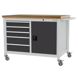 Bedrunka+Hirth Mobile Werkbank R 18-24, HxBxT 950 x 1.250 x 750 mm, lichtgrau, anthrazitgrau, 5 Schubladen 3x100 + 2x150 mm, 1 Flügeltür 1x600 mm
