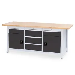 Bedrunka+Hirth Werkbank R 18-24, HxBxT 859 x 2.000 x 750 mm, lichtgrau, anthrazitgrau, 5 Schubladen 2x150 + 3x200 mm, 2 Flügeltüren 2x450 mm
