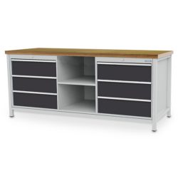 Bedrunka+Hirth Werkbank R 24-24, HxBxT 859 x 2.000 x 750 mm, lichtgrau, anthrazitgrau, 6 Schubladen 6x200 mm, 2 Fachböden