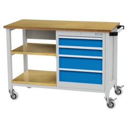 Bedrunka+Hirth Mobile Werkbank R 18-16, HxBxT 880 x 1.200 x 540 mm, lichtgrau, lichtblau, 2 Fachböden, 4 Schubladen 2x100 + 2x150 mm