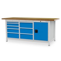 Bedrunka+Hirth Werkbank R 18-24, HxBxT 959 x 2.000 x 750 mm, lichtgrau, lichtblau, 8 Schubladen 1x50 + 2x100 + 1x150 + 4x200 mm, 1 Flügeltür 1x600 mm