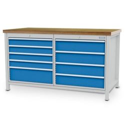 Bedrunka+Hirth Werkbank R 24-24, HxBxT 859 x 1.500 x 750 mm, lichtgrau, lichtblau, 9 Schubladen 4x100 + 4x150 + 1x200 mm