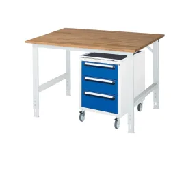 kaiserkraft Arbeitstisch mit Schubladenschrank, Roll-Container mit 3 Schubladen 2 x 150, 1 x 180 mm, BxT 1250 x 1000 mm, B-Platte, Stärke 25 mm