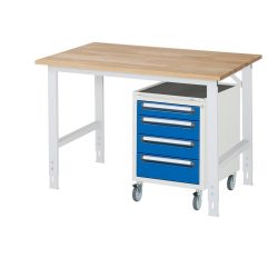 RAU Werkstatt-Set TOM 2-teilig, mit Werktisch, HxBxT 760-1.080 x 1.250 x 800 mm, Arbeitsplatte Buche-Massiv, zzgl. Roll-Container mit 3 Schubladen, HxBxT 690 x 480 x 600 mm