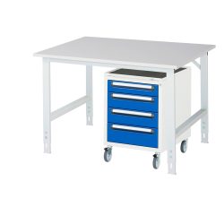 kaiserkraft Arbeitstisch mit Schubladenschrank, Roll-Container mit 4 Schubladen 1 x 90, 2 x 120, 1 x 140 mm, BxT 1250 x 1000 mm, M-Platte, Stärke 22 mm