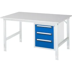 kaiserkraft Arbeitstisch mit Schubladenschrank, Unterbau-Container mit 3 Schubladen 2 x 150, 1 x 180 mm, BxT 1500 x 1000 mm, M-Platte, Stärke 22 mm