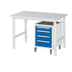 kaiserkraft Arbeitstisch mit Schubladenschrank, Roll-Container mit 4 Schubladen 1 x 90, 2 x 120, 1 x 140 mm, BxT 1250 x 800 mm, M-Platte, Stärke 22 mm