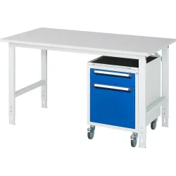 kaiserkraft Arbeitstisch mit Schubladenschrank, Roll-Container mit 2 Schubladen 1 x 120, 1 x 360 mm, BxT 1500 x 800 mm, M-Platte, Stärke 22 mm