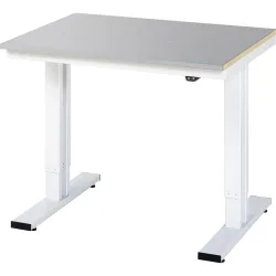 Rau Werktisch Adlatus, elektrisch höhenverstellbar, 25 mm MDF-Platte mit Edelstahlbelag, bis 300 kg, B 1000 x T 800 x H 720-1120 mm, silber/lichtgrau