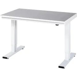 Rau Werktisch Adlatus, elektrisch höhenverstellbar, 25 mm Spanplatte,  Linoleumbelag, bis 300 kg, B 1250 x T 800 x H 720-1120 mm, hellgrau/lichtgrau