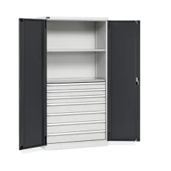 Fami PERFOM Flügeltürschrank, 7 Schubladen, 2 Fachböden, HxBxT 2.000 x 1.023 x 555 mm, lichtgrau, anthrazit