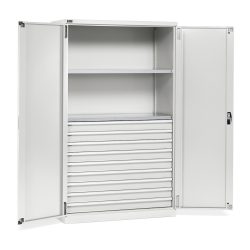 Fami PERFOM Flügeltürschrank, 9 Schubladen, 2 Fachböden, HxBxT 2.000 x 1.193 x 555 mm, lichtgrau