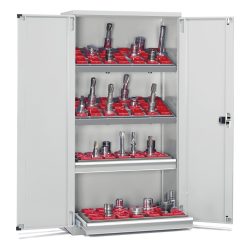 Fami PERFOM Lagersystem für CNC-Werkzeuge, 2 Schubladen, 2 Fachböden, HxBxT 2.000 x 1.023 x 555 mm, 50 Werkzeugeinsätze ISO 50, lichtgrau