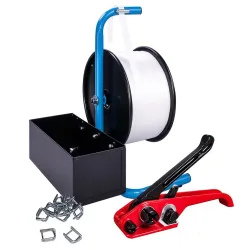 Einsteiger-Set Textilbandumreifung, verleimtes Fadenstrukturband, Bandbreite 16 mm