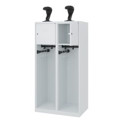 Feuerwehrspind C+P Evolo Youngster, 2 Abteile, mit Helmhalter, Bodengleiter, B 800 x T 500 x H 1530 mm, RAL 7035 Lichtgrau