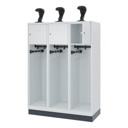 Feuerwehrspind C+P Evolo Youngster, 3 Abteile, mit Helmhalter, mit Sockel, B 1200 x T 500 x H 1630 mm, RAL 7035 Lichtgrau/RAL 7016 Anthrazitgrau