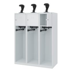Feuerwehrspind C+P Evolo Youngster, 3 Abteile, mit Helmhalter, Bodengleiter, B 1200 x T 500 x H 1530 mm, RAL 7035 Lichtgrau