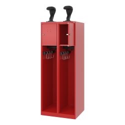 Feuerwehrspind C+P Evolo Youngster, 2 Abteile, mit Helmhalter, Bodengleiter, B 600 x T 500 x H 1530 mm, RAL 3000 Feuerrot