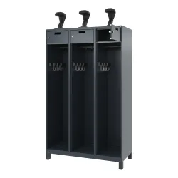 C+P Feuerwehrspind PRAKTUS, Füsse, 3 Abteile, HxBxT 1.850 x 1.200 x 500 mm, anthrazitgrau, mit Helmhalter