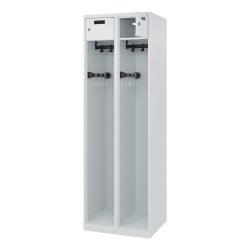 Feuerwehrspind C+P Evolo PRAKTUS, 2 Abteile, mit Sockel, Bodengleiter, B 600 x T 500 x H 1850 mm, RAL 7035 Lichtgrau