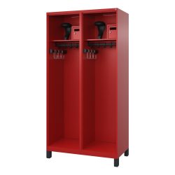 Feuerwehrspind C+P Evolo Flexo, 2 Abteile, Helmhalter, mit Füssen, B 1000 x T 500 x H 1950 mm, RAL 3000 Feuerrot/RAL 7021 Schwarzgrau