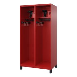 C+P Feuerwehrspind FLEXO, Füsse, 2 Abteile, HxBxT 1.850 x 1.000 x 600 mm, feuerrot, mit Helmhalter