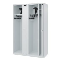 Feuerwehrspind C+P Evolo Kombi, 4 Abteile für 2 Personen, mit Helmhalter, Bodengleiter, B 1200 x T 500 x H 1850 mm, RAL 7035 Lichtgrau