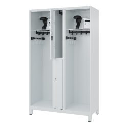 Feuerwehrspind C+P Evolo Maxi, 4 Abteile für 2 Personen, mit Helmhalter, mit Füssen, B 1200 x T 500 x H 1950 mm, RAL 7035 Lichtgrau