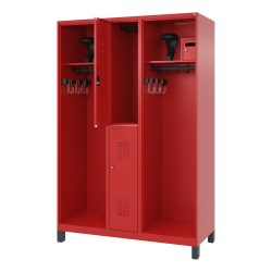 Feuerwehrspind C+P Evolo Maxi, 4 Abteile für 2 Personen, mit Helmhalter, mit Füssen, B 1300 x T 500 x H 1950 mm, RAL 3000 Feuerrot/RAL 7021 Schwarzgrau