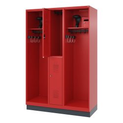 Feuerwehrspind C+P Evolo Maxi, 4 Abteile für 2 Personen, mit Helmhalter, mit Sockel, B 1300 x T 500 x H 1950 mm, RAL 3000 Feuerrot/RAL 7016 Anthrazitgrau