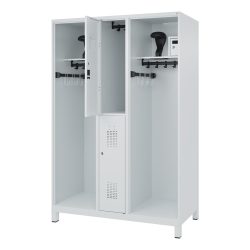 Feuerwehrspind C+P Evolo Maxi, 4 Abteile für 2 Personen, mit Helmhalter, mit Füssen, B 1300 x T 600 x H 1950 mm, RAL 7035 Lichtgrau