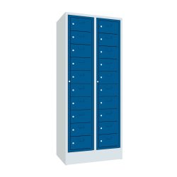 PAVOY Schliessfachschrank mit Zentraltür, 2 x 10 Fächer, HxBxT 1.850 x 770 x 500 mm, mit Sockel, enzianblau, lichtgrau
