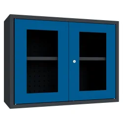 PAVOY Hängeschrank mit Sichtfenster, HxBxT 600 x 800 x 300 mm, Lochrückwand, enzianblau, anthrazitgrau