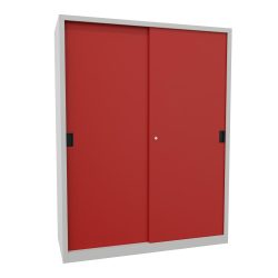 PAVOY Schiebetürenschrank mit 8 Fachböden + Trennwand, HxBxT 1.950 x 1.500 x 600 mm, feuerrot, lichtgrau