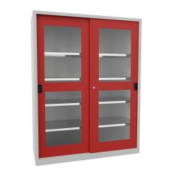 PAVOY Schiebetürenschrank mit Sichtfenstern, 8 Fachböden + Trennwand, HxBxT 1.950 x 1.500 x 600 mm, feuerrot, lichtgrau