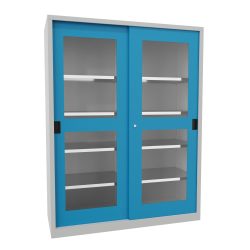 PAVOY Schiebetürenschrank mit Sichtfenstern, 8 Fachböden + Trennwand, HxBxT 1.950 x 1.500 x 600 mm, lichtblau, lichtgrau