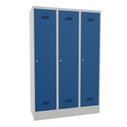 PAVOY Kleiderspind mit Sockel + Zylinderschloss, 3 Abteile, HxBxT 1.850 x 1.200 x 500 mm, enzianblau, lichtgrau