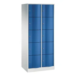 C+P Schliessfachschrank Resisto, 2 Abteile, 10 Fächer, B 772 x T 540 x H 1950 mm, Lichtgrau/Enzianblau