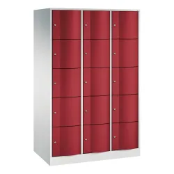 C+P Schliessfachschrank Resisto, 3 Abteile, 15 Fächer, B 1148 x T 640 x H 1950 mm, Lichtgrau/Rubinrot
