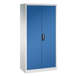 Materialschrank aus Stahlblech, 6 Fachböden, 4 Schubladen, HxBxT 1950 x 930 x 500 mm, Türe enzianblau, Korpus lichtgrau C+P