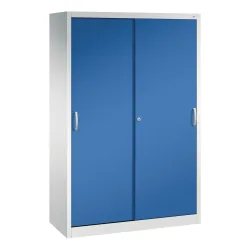 C+P Werkstatt-Schiebetürenschrank mit 4 Fachböden, HxBxT 1.950 x 1.200 x 500 mm, lichtgrau, enzianblau