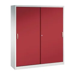 C+P Werkstatt-Schiebetürenschrank mit 8 Fachböden, HxBxT 1.950 x 1.600 x 400 mm, Trennwand, lichtgrau, rubinrot