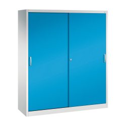 C+P Werkstatt-Schiebetürenschrank mit 8 Fachböden, HxBxT 1.950 x 1.600 x 500 mm, Trennwand, lichtgrau, lichtblau