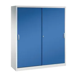 C+P Schwerlast-Schiebetürenschrank, HxBxT 1.950 x 1.600 x 500 mm, 8 Fachböden, lichtgrau, enzianblau