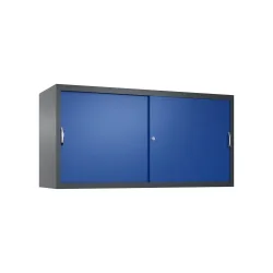 Aufsatzschrank für C+P Werkstatt-Schiebetürenschrank, 2 Fachböden, HxBxT 790 x 1.600 x 500 mm, Trennwand, anthrazitgrau, enzianblau