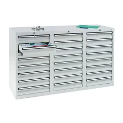 kaiserkraft Schubladenschrank, HxBxT 900 x 1500 x 500 mm, 24 Schubladen 100 mm hoch, Korpus und Schubladen grau