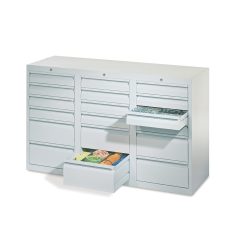 PAVOY Leichter Schubladenschrank, Gleitführung, Schubladen 12x100 + 6x200 mm, Breite 1.500 m, reinweiss, reinweiss
