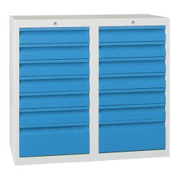 PAVOY Leichter Schubladenschrank, Rollenführung, Schubladen 12x100 + 2x200 mm, Breite 1.000 mm, enzianblau, enzianblau