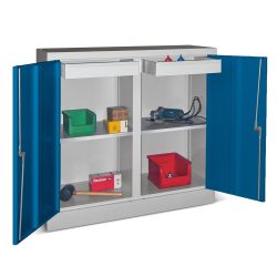 PAVOY Beistellschrank mit 2 Fachböden + 2 Schubladen, HxBxT 1.000 x 1.000 x 500 mm, Trennwand, feuerrot, lichtgrau